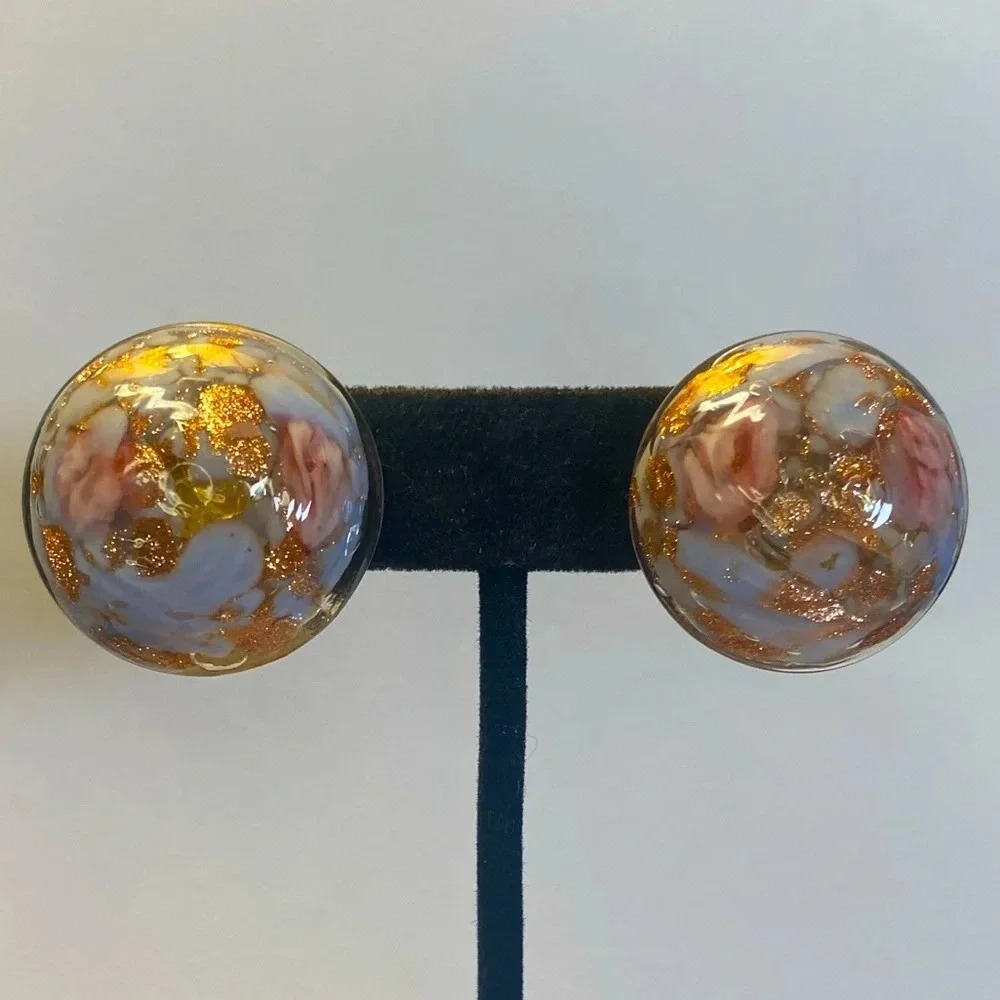 VINTAGE MURANO MADE IN ITALY ART GLASS CLIP ON EARRINGS. COPPEE AVENTURINE